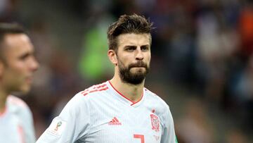 SOCHI, RUSSIA - JUNE 15:  Gerard Pique of Spain reacts following the 2018 FIFA World Cup Russia group B match between Portugal and Spain at Fisht Stadium on June 15, 2018 in Sochi, Russia.  (Photo by Maddie Meyer/Getty Images)