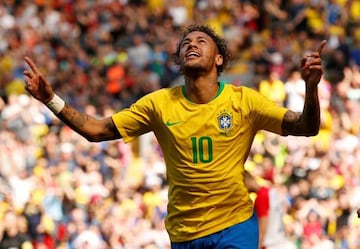 Neymar celebrates after scoring for Brazil on Sunday.