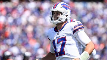 ORCHARD PARK , NY - AUGUST 20: Josh Allen (17) of the Buffalo Bills celebrates his touchdown pass to Gabriel Davis (13) against the Denver Broncos during the first half at Highmark Stadium on Saturday, August 20, 2022. (Photo by AAron Ontiveroz/MediaNews Group/The Denver Post via Getty Images)