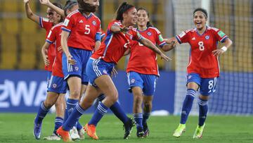 GOA, INDIA - OCTOBER 11: Anais Cifuentes of Chile celebrates scoriong her teams third goal during the Group B match between Chile and New Zealand at Pandit Jawaharlal Nehru Stadium on October 11, 2022 in Goa, India. (Photo by Matthew Lewis - FIFA/FIFA via Getty Images)