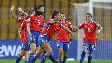 GOA, INDIA - OCTOBER 11: Anais Cifuentes of Chile celebrates scoriong her teams third goal during the Group B match between Chile and New Zealand at Pandit Jawaharlal Nehru Stadium on October 11, 2022 in Goa, India. (Photo by Matthew Lewis - FIFA/FIFA via Getty Images)