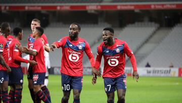 Celebration after goal Ikone 10 and Bamba 7 losc during the French Championship Ligue 1 football match between Lille OSC and Girondins de Bordeaux on December 13, 2020 at Pierre Mauroy stadium in Villeneuve-d&#039;Ascq near Lille, France - Photo Laurent S