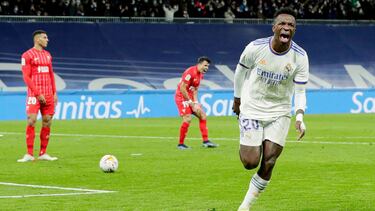 Vinicius Junior of Real Madrid celebrates 2-1 during the La Liga Santander match between Real Madrid v Sevilla at the Santiago Bernaubeu on November 28, 2021.