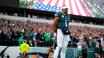 Jalen Hurts #1 of the Philadelphia Eagles stands during the national anthem