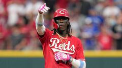 CINCINNATI, OHIO - AUGUST 19: Elly De La Cruz #44 of the Cincinnati Reds reacts after hitting a double against the Toronto Blue Jays in the sixth inning of a baseball game at Great American Ball Park on August 19, 2023 in Cincinnati, Ohio.   Jeff Dean/Getty Images/AFP (Photo by Jeff Dean / GETTY IMAGES NORTH AMERICA / Getty Images via AFP)