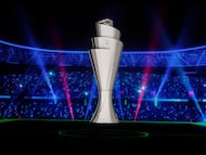 BRUSSELS (Belgium), 12/02/2026.- The UEFA Nations Trophy is shown on the screen before draw ceremony of the UEFA Nations League in Brussels, Belgium, 12 February 2026. (Bélgica, Bruselas) EFE/EPA/OLIVIER MATTHYS