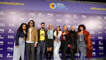 Los finalistas del Benidorm Fest 2025, Daniela Blasco, Kuve, Mawot, Lachispa, Mel Ömana, J Kbello y Lucas Bun, durante una rueda de prensa con los finalistas del Benidorm Fest 2025, en el Mirador del Castillo, a 31 de enero de 2025, en Benidorm, Alicante (España). En la rueda de prensa se realiza además el sorteo para conocer el orden de las actuaciones durante la final del concurso.
31 ENERO 2025
Joaquín Reina / Europa Press
31/01/2025