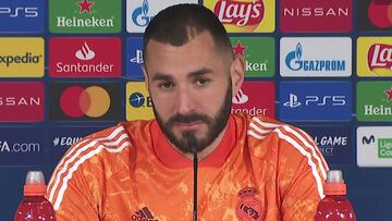 Karim Benzema, delantero francés del Real Madrid, en la rueda de prensa previa al Real Madrid-Atalanta de vuelta de octavos de final de la Champions.