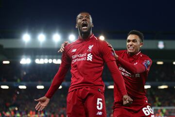 LIVERPOOL, ENGLAND - MAY 07:  Georginio Wijnaldum of Liverpool celebrates after scoring his team's third goal during the UEFA Champions League Semi Final second leg match between Liverpool and Barcelona at Anfield on May 07, 2019 in Liverpool, England. (P