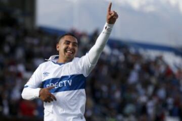 Fútbol, Universidad Católica v Palestino.
Décima fecha, campeonato de Apertura 2015.
El jugador de Universidad Católica, Jeisson Vargas, celebra su gol contra Palestino  durante el partido de primera división disputado en el estadio San Carlos de Apoquind