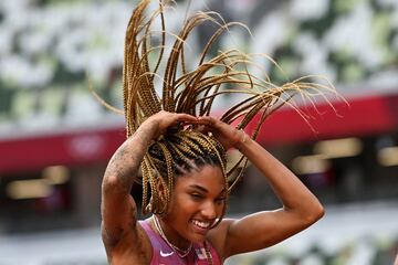 La reacción de Tara Davis durante su participación en la final de salto de longitud.