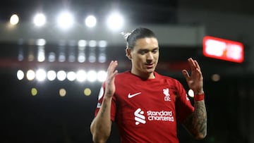 LIVERPOOL, ENGLAND - OCTOBER 19: Darwin Nunez of Liverpool during the Premier League match between Liverpool FC and West Ham United at Anfield on October 19, 2022 in Liverpool, England. (Photo by Michael Steele/Getty Images)