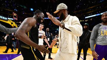 LOS ANGELES, CA - MARCH 5:  LeBron James #6 of the Los Angeles Lakers and Draymond Green #23 of the Golden State Warriors embrace after the game on March 5, 2023 at Crypto.Com Arena in Los Angeles, California. NOTE TO USER: User expressly acknowledges and agrees that, by downloading and/or using this Photograph, user is consenting to the terms and conditions of the Getty Images License Agreement. Mandatory Copyright Notice: Copyright 2023 NBAE (Photo by Adam Pantozzi/NBAE via Getty Images)