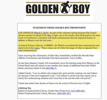 Comunicado oficial de Golden Boy sobre el positivo de Canelo.