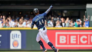 SEATTLE, WASHINGTON - JULY 27: Julio Rodriguez #44 of the Seattle Mariners reacts after hitting a three run home run during the seventh inning against the Texas Rangers at T-Mobile Park on July 27, 2022 in Seattle, Washington. (Photo by Alika Jenner/Getty Images)