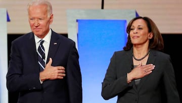 FILE PHOTO: Former Vice President Joe Biden and U.S. Senator Kamala Harris take the stage before the start of the second night of the second U.S. 2020 presidential Democratic candidates debate in Detroit, Michigan, U.S., July 31, 2019. REUTERS/Lucas Jacks