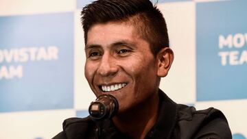 Colombian cyclist Nairo Quintana (Team Movistar) gestures during a press conference in Rionegro, Antioquia department, Colombia on February 11, 2019. - The Tour Colombia 2.1 cycling race, will take place between the 12th and 17th of February. (Photo by JOAQUIN SARMIENTO / AFP)