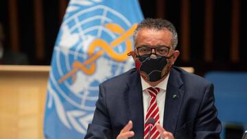 This handout picture taken and released by the World Health Organization on October 5, 2020 shows World Health Organization (WHO) Director-General Tedros Adhanom Ghebreyesus wearing a protective face mask attending a WHO executive board holds special sess