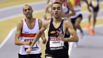 (FILES) In this photograph taken on February 19,, 2011, French athletes Nour-Eddine Gezzar (L) and Jamal Aarrass (R) run to the line in the 1500 metres during the French indoor athletics championships, in Aubiere. French 3,000m steeplechase athlete Nour-Eddine Gezzar will miss the Olympics after testing positive for blood-booster EPO, the country's athletics federation said July 24, 2012. AFP PHOTO THIERRY ZOCCOLAN/FILES