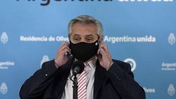 FILE PHOTO: Argentina&#039;s President Alberto Fernandez gestures during the announcement that Argentina and Mexico will produce and distribute an experimental coronavirus vaccine, at the Olivos Presidential residence, in Buenos Aires, Argentina August 12, 2020. Juan Mabromata/Pool via REUTERS/File Photo