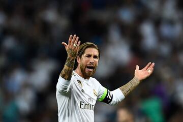 Real Madrid's Spanish defender Sergio Ramos reacts after scoring during the UEFA Champions league Group A football match between Real Madrid and Club Brugge at the Santiago Bernabeu stadium in Madrid on October 1, 2019.