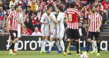 Los jugadores celebran el 0-1 de Benzema.