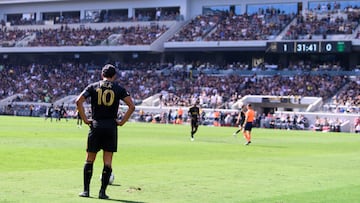 Oct 30, 2022; Los Angeles, California, USA; Los Angeles FC forward Carlos Vela (10) stands on the pitch during the first half against the Austin FC during the conference finals for the Audi 2022 MLS Cup Playoffs at Banc of California Stadium. Mandatory Credit: Kelvin Kuo-USA TODAY Sports