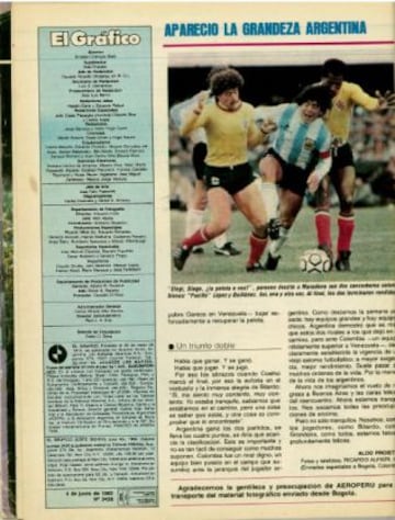 La revista concentró sus informes en el tema futbolístico. Argentina ganó 3-1 con goles de Pasculli y Burruchaga. Por Colombia, descontó Prince. El juego de Maradona con la naranja no fue mencionado.