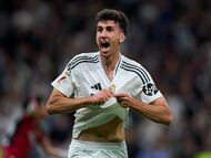 MADRID, SPAIN - MAY 14: Jacobo Ramon of Real Madrid CF celebrates his team second goal during the LaLiga match between Real Madrid CF and RCD Mallorca at Estadio Santiago Bernabeu on May 14, 2025 in Madrid, Spain. (Photo by Diego Souto/Getty Images)