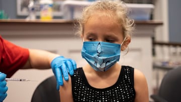 Rory McMahon, 5, looks at the Pfizer-BioNTech coronavirus disease (COVID-19) vaccine before receiving her first dose in Skippack, Pennsylvania, U.S., November 3, 2021.