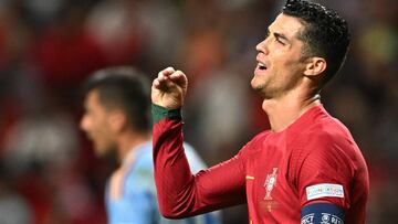 (FILES) In this file photo taken on September 27, 2022, Portugal's forward Cristiano Ronaldo gestures during the UEFA Nations League, league A, group 2 football match between Portugal and Spain, at the Municipal Stadium in Braga. (Photo by PATRICIA DE MELO MOREIRA / AFP)