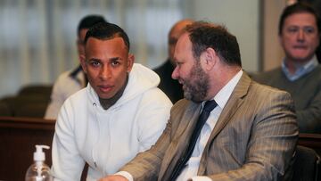 Colombian Boca Juniors' striker, Sebastian Villa, listens to justice reading a sentence to prison in Argentina on gender violence charges, next to his lawyer Martin Apolo, in a courtroom in Buenos Aires, Argentina June 2, 2023.REUTERS/Cristina Sille