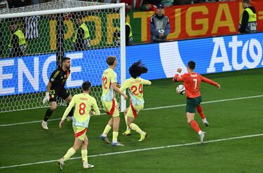 2-2. Centro de Nuno Mendes que toca Robin Le Normand, Marc Cucurella no despeja y el balón le cae a los pies de Cristiano Ronaldo para anotar el segundo gol.