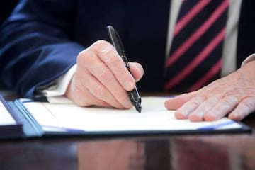 US President Donald Trump signs the Paycheck Protection Program on 24 April 2020.