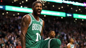 BOSTON, MA - NOVEMBER 16: Kyrie Irving #11 of the Boston Celtics celebrates during the fourth quarter against the Golden State Warriors at TD Garden on November 16, 2017 in Boston, Massachusetts. The Celtics defeat the Warriors 92-88.   Maddie Meyer/Getty Images/AFP
 == FOR NEWSPAPERS, INTERNET, TELCOS &amp; TELEVISION USE ONLY ==