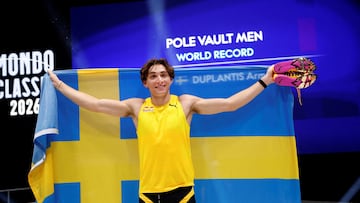 Athletics - Pole vault gala Mondo Classic - IFU arena, Uppsala, Sweden - March 12, 2026 Sweden's Armand Duplantis reacts after setting a new world record of 6.31m during the pole vault gala. Fredrik Persson/TT News Agency via REUTERS ATTENTION EDITORS - THIS IMAGE WAS PROVIDED BY A THIRD PARTY. SWEDEN OUT. NO COMMERCIAL OR EDITORIAL SALES IN SWEDEN. TPX IMAGES OF THE DAY
