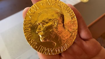 FILE PHOTO: Nobel Prize medal replica is on display inside the Norwegian Nobel Institute in Oslo, Norway September 19, 2022. REUTERS/Victoria Klesty/File Photo