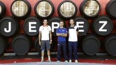 Alberto Contador, Purito Rodr&iacute;guez y Alejandro Valverde, el tridente espa&ntilde;ol en la salida de Jerez de la Frontera.