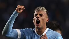 (FILES) Uruguay's forward Luciano Rodriguez celebrates after scoring during the Argentina 2023 U-20 World Cup final match between Uruguay and Italy at the Estadio Unico Diego Armando Maradona stadium in La Plata, Argentina, on June 11, 2023. The Under-23 South American Pre-Olympic Football Tournament will take place in Venezuela between January 20 and February 11, 2024. (Photo by Alejandro PAGNI / AFP)