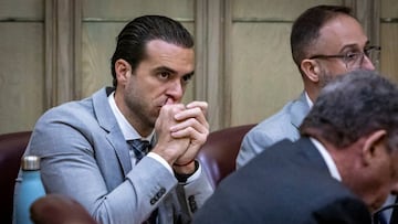 Pablo Lyle, left, sits along with his attorneys during pre-trial motions in Miami-Dade Criminal Court on Thursday, Sept. 22, 2022, in Miami, Florida. Lyle is accused of killing 63-year-old Juan Ricardo Hernandez during a road rage incident in 2019. (Jose A. Iglesias/Miami Herald/Tribune News Service via Getty Images)