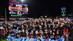 Oct 12, 2023; Philadelphia, Pennsylvania, USA; Philadelphia Phillies pose for a photo following the series victory against the Atlanta Braves in game four of the NLDS for the 2023 MLB playoffs at Citizens Bank Park. Mandatory Credit: Eric Hartline-USA TODAY Sports