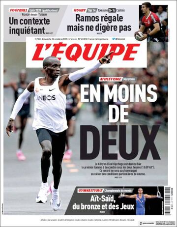 Al igual que el Sunday Nation, L'Equipe tampoco dejó pasar un hito histórico del deporte. 'En manos de Dios' tituló el logro conseguido por Kipchoge.