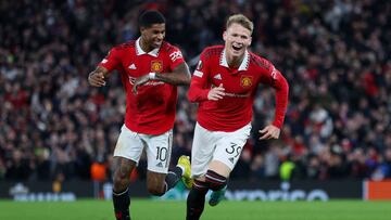 MANCHESTER, ENGLAND - OCTOBER 13: Scott McTominay celebrates with Marcus Rashford of Manchester United after scoring their team's first goal during the UEFA Europa League group E match between Manchester United and Omonia Nikosia at Old Trafford on October 13, 2022 in Manchester, England. (Photo by Clive Brunskill/Getty Images)