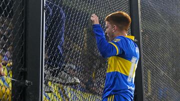 Boca Juniors' defender Valentin Barco celebrates after scoring during the Copa Libertadores group stage second leg football match between Argentina's Boca Juniors and Venezuela's Monagas at La Bombonera stadium in Buenos Aires on June 29, 2023. (Photo by JUAN MABROMATA / AFP)