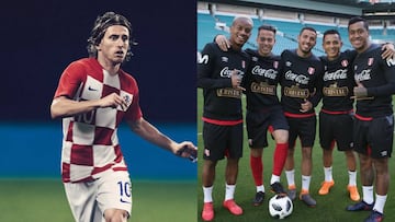 Luka Modric durante un partido con Croacia y la selección de Perú en un entrenamiento.