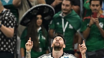 Soccer Football - FIFA World Cup Qatar 2022 - Group C - Argentina v Mexico - Lusail Stadium, Lusail, Qatar - November 26, 2022 Argentina's Lionel Messi celebrates scoring their first goal REUTERS/Dylan Martinez