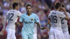 Neymar of Barcelona gestures after scoring during their International Champions Cup (ICC) football match against Manchester United on July 26, 2017 at the FedExField, in Landover, Maryland.  / AFP PHOTO / Brendan Smialowski