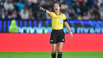      Katia Itzel Garcia second referee in the history of Mexican Soccer during the 11th round match between Pachuca and Queretaro as part of the Torneo Clausura 2024 Liga BBVA MX at Hidalgo Stadium on March 09, 2024 in Pachuca, Hidalgo, Mexico.