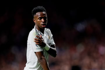 Madrid, Spain - March 12: Vinicius Junior of Real Madrid looks on during the UEFA Champions League 2024/25 Round of 16 Second Leg match between Atletico de Madrid and Real Madrid C.F. at Estadio Cvitas Metropolitano on March 12, 2025 in Madrid, Spain. (Photo by Manu Reino/DeFodi Images via Getty Images)