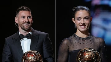 TOPSHOT - (COMBO) This combination of pictures created on October 30, 2023 shows Inter Miami CF's Argentine forward Lionel Messi (L) holding his 8th Ballon d'Or award and FC Barcelona's Spanish midfielder Aitana Bonmati (R) holding her Woman Ballon d'Or award during the 2023 Ballon d'Or France Football award ceremony at the Theatre du Chatelet in Paris on October 30, 2023. (Photo by FRANCK FIFE / AFP)